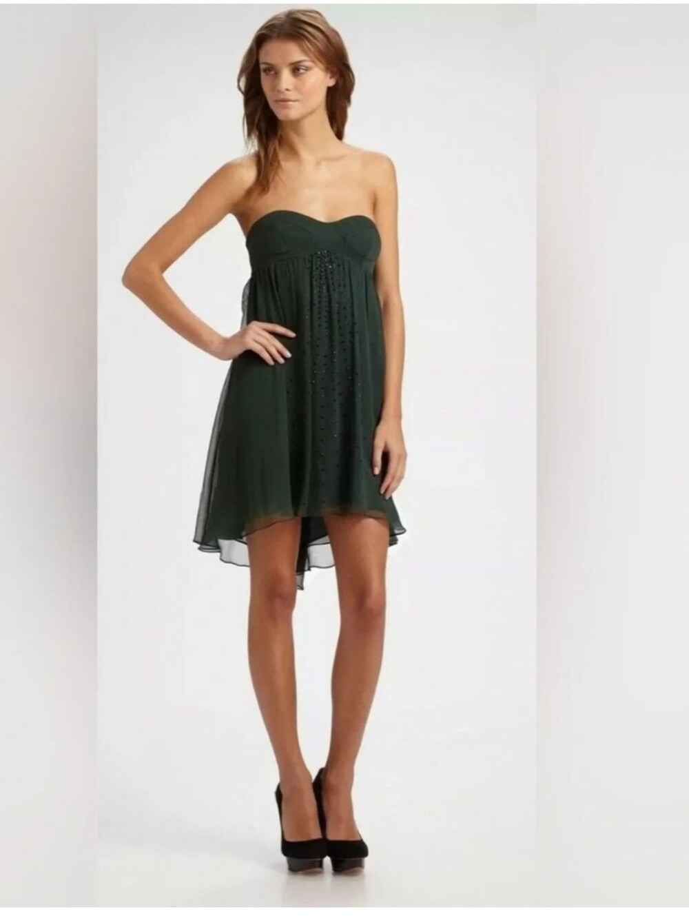 Haute Hippie, Strapless Silk Embellished Mini Dress, Dark Green, Size XS